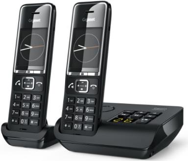 Gigaset COMFORT 550A. Typ: Analoges/DECT-Telefon, Hörertyp: Kabelgebundenes Mobilteil. Freisprecheinrichtung. Maximum Innenabstand: 50 m, Maximum Außenabstand: 300 m. Telefonbuch Kapazität: 200 Eintragungen. Anrufer-Identifikation. Bildschirmdiagonale: 5,59 cm (2.2"). SMS (Kurznachrichtendienst). Produktfarbe: Schwarz. Anzahl enthaltener Handsets: 2 (L36852-H3021-B104)