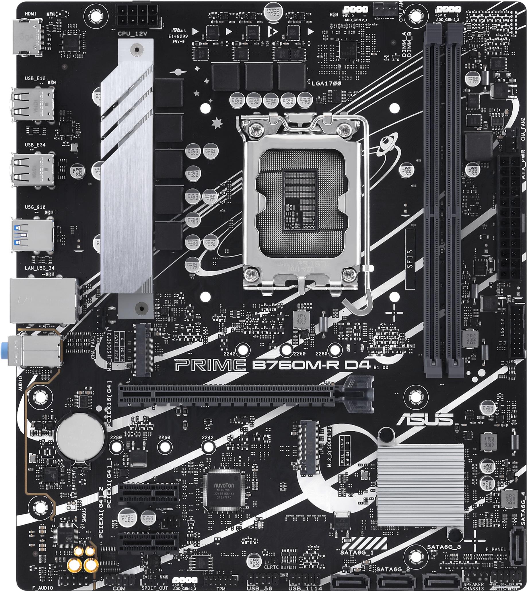 ASUS PRO B760M-R D4 - Motherboard - micro ATX - LGA1700-Sockel - B760 Chipsatz - USB 3,2 Gen 1 - 2,5 Gigabit LAN - Onboard-Grafik (CPU erforderlich) - HD Audio (8-Kanal) (90MB1HA0-M0EAY0)
