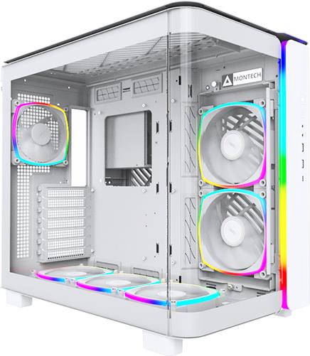 MONTECH KING 95 PRO Midi-Tower Tempered Glass ARGB - weiß - Gut ausgestatteter Midi-Tower - Vorderseite und Seitenteil aus Tempered Glass - linkes Seitenteil und Deckel mit Lüftungsschlitzen - 6x 140er-ARGB-PWM-Lüfter vorinstalliert - GPU-Länge von bis 420 mm - ARGB-Strip an der Front - bis zu zwei Netzteile möglic ... (KING95PROW)