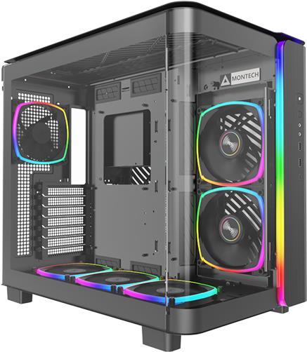 MONTECH KING 95 PRO Midi-Tower Tempered Glass ARGB - schwarz - Gut ausgestatteter Midi-Tower - Vorderseite und Seitenteil aus Tempered Glass - linkes Seitenteil und Deckel mit Lüftungsschlitzen - 6x 140er-ARGB-PWM-Lüfter vorinstalliert - GPU-Länge von bis 420 mm - ARGB-Strip an der Front - bis zu zwei Netzteile möglic ... (KING95PROB)
