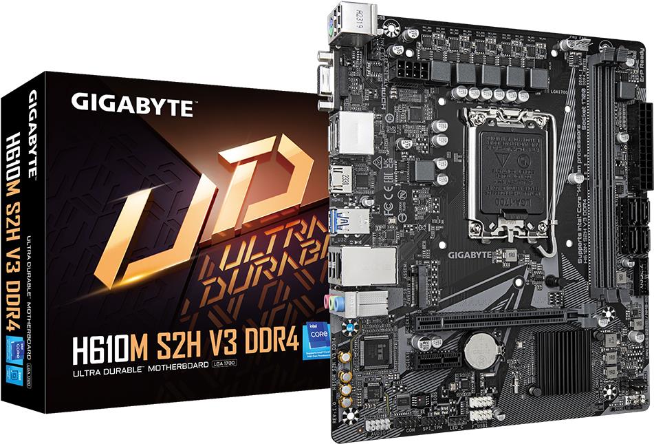 Gigabyte H610M S2H V3 DDR4. Prozessorhersteller: Intel, Prozessorsockel: LGA 1700, Kompatible Prozessoren: Intel® Celeron®, Intel® Core™ i3, Intel® Core™ i5, Intel® Core™ i7, Intel® Core™ i9,.... Unterstützte Arbeitsspeicher: DDR4-SDRAM, RAM-Speicher maximal: 64 GB, Arbeitsspeicher Typ: DIMM. Unterstützte Speicherlaufwerk-Schnittstellen: M.2, SATA III, Unterstützte Speicherlaufwerke: HDD & SSD. Maximale Auflösung: 4096 x 2304 Pixel. USB-Stecker: USB Typ-A (H610M S2H V3 DDR4)