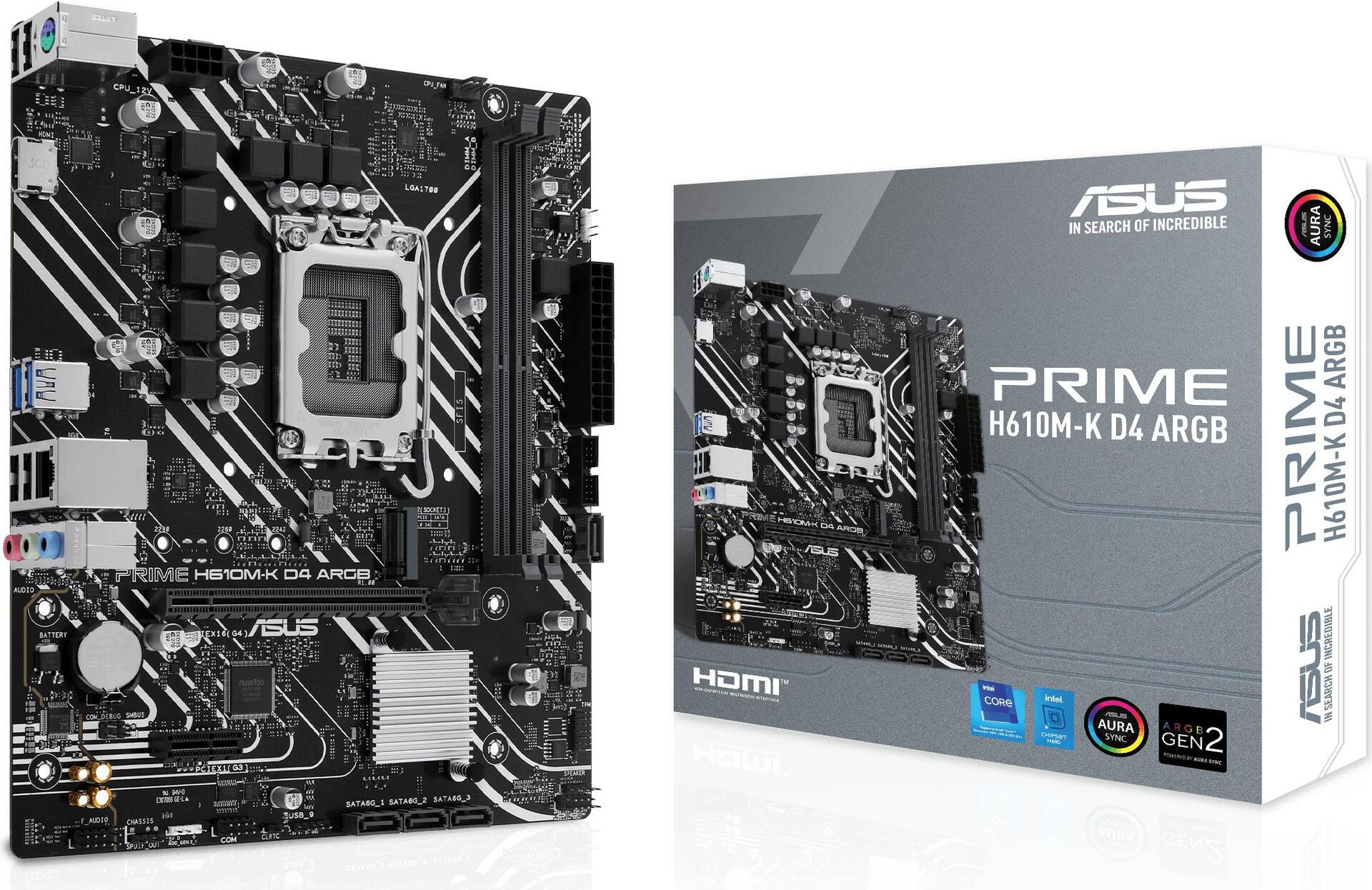 ASUS PRIME H610M-K D4 - Motherboard - micro ATX - LGA1700-Sockel - H610 Chipsatz - USB 3,2 Gen 1 - Gigabit LAN - Onboard-Grafik (CPU erforderlich) - HD Audio (8-Kanal) (90MB1HN0-M0EAY0)