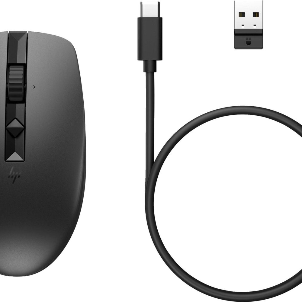 HP 715 Wiederaufladbare Maus für mehrere Geräte - Beidhändig - RF Wireless + Bluetooth - 3000 DPI - Schwarz (6E6F0AA)