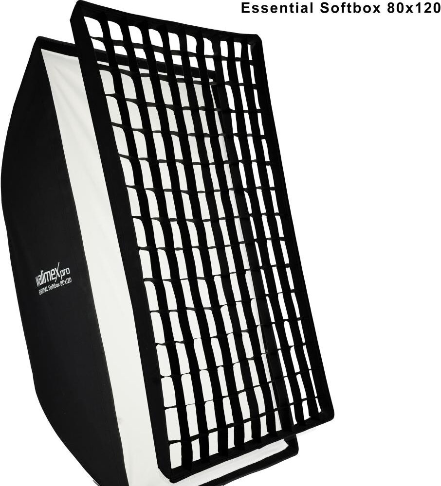 Walimex pro Essential Softbox 80x120cm, um 360° drehbar, einfacher Aufbau, inkl. Grid, Bowens Adapter und Transporttasche, ideal für Produkt- und Peoplefotografie (1023425)