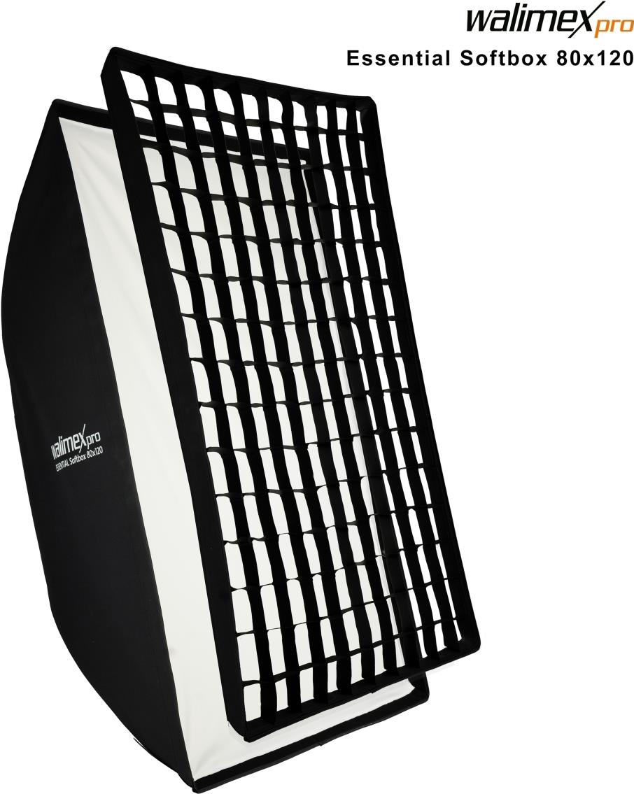 Walimex pro Essential Softbox 80x120cm, um 360° drehbar, einfacher Aufbau, inkl. Grid, Bowens Adapter und Transporttasche, ideal für Produkt- und Peoplefotografie (1023425)