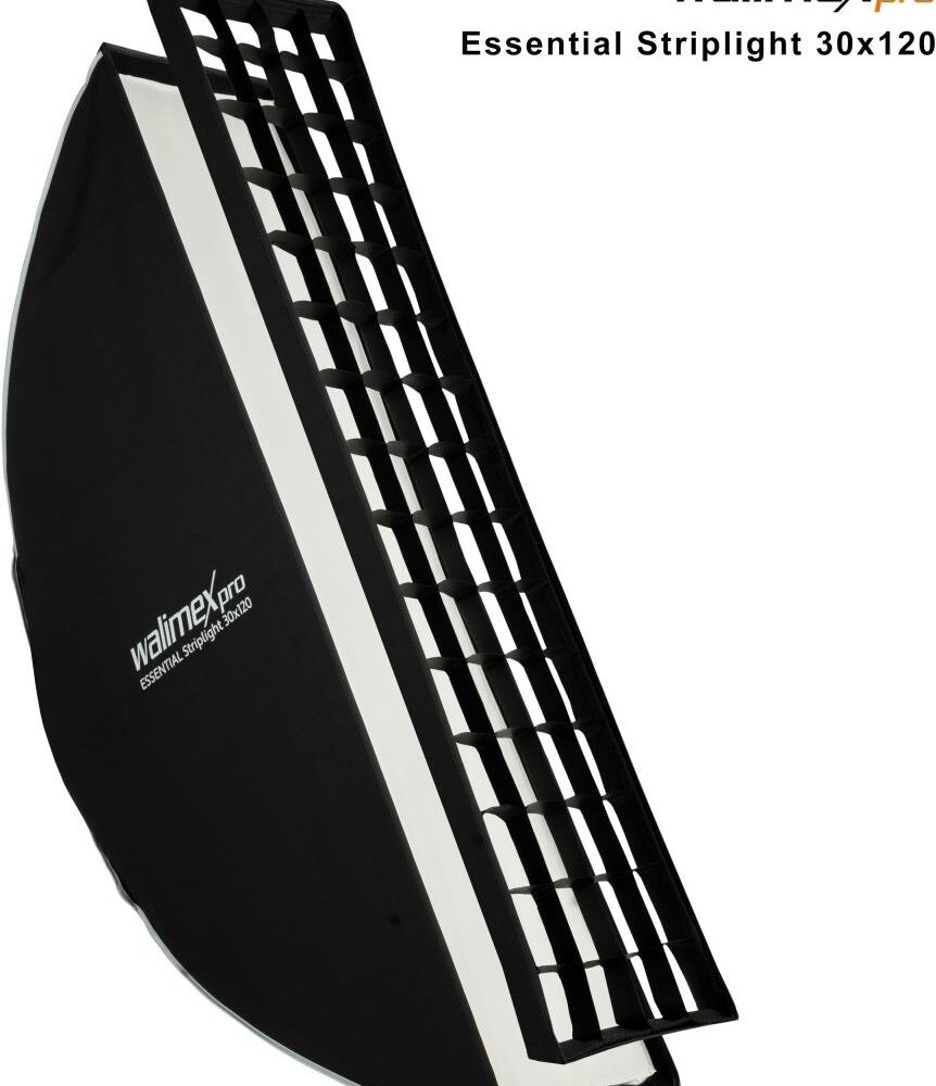 Walimex pro Essential Striplight Softbox 30x120cm, um 360° drehbar, einfacher Aufbau, inkl. Grid, Bowens Adapter und Transporttasche, ideal für Produkt- und Peoplefotografie (1023427)