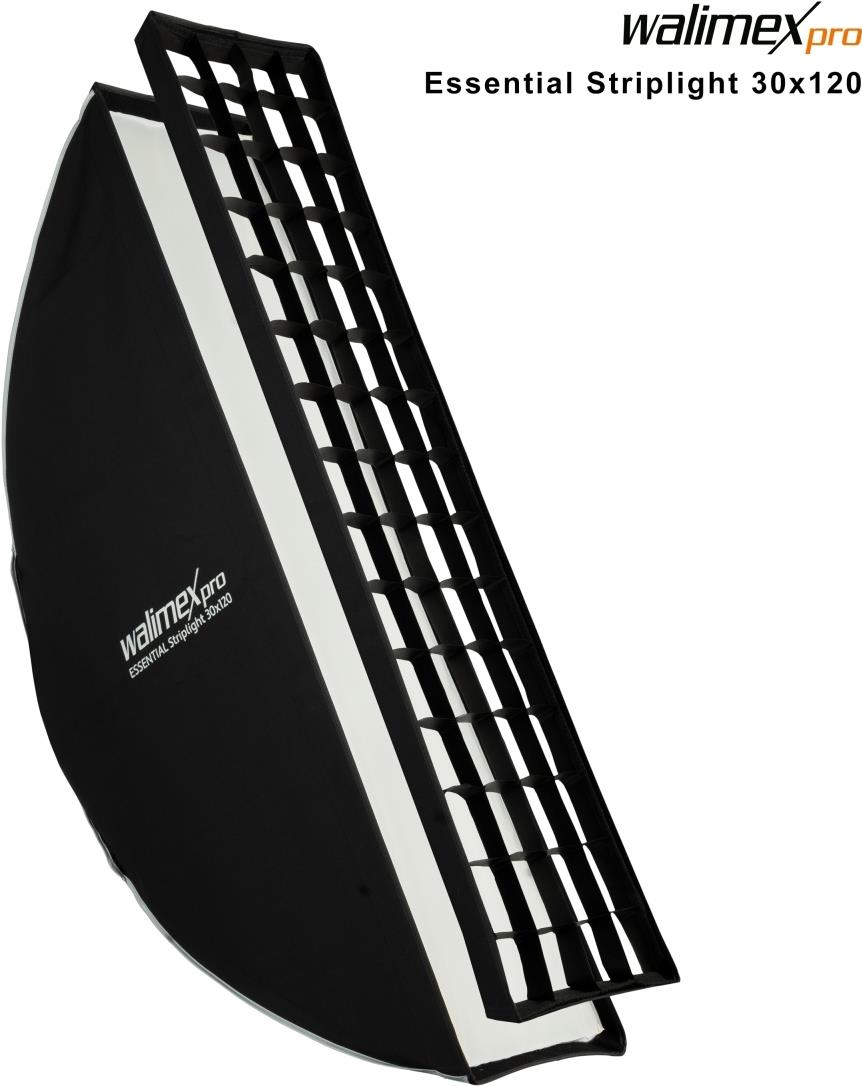 Walimex pro Essential Striplight Softbox 30x120cm, um 360° drehbar, einfacher Aufbau, inkl. Grid, Bowens Adapter und Transporttasche, ideal für Produkt- und Peoplefotografie (1023427)
