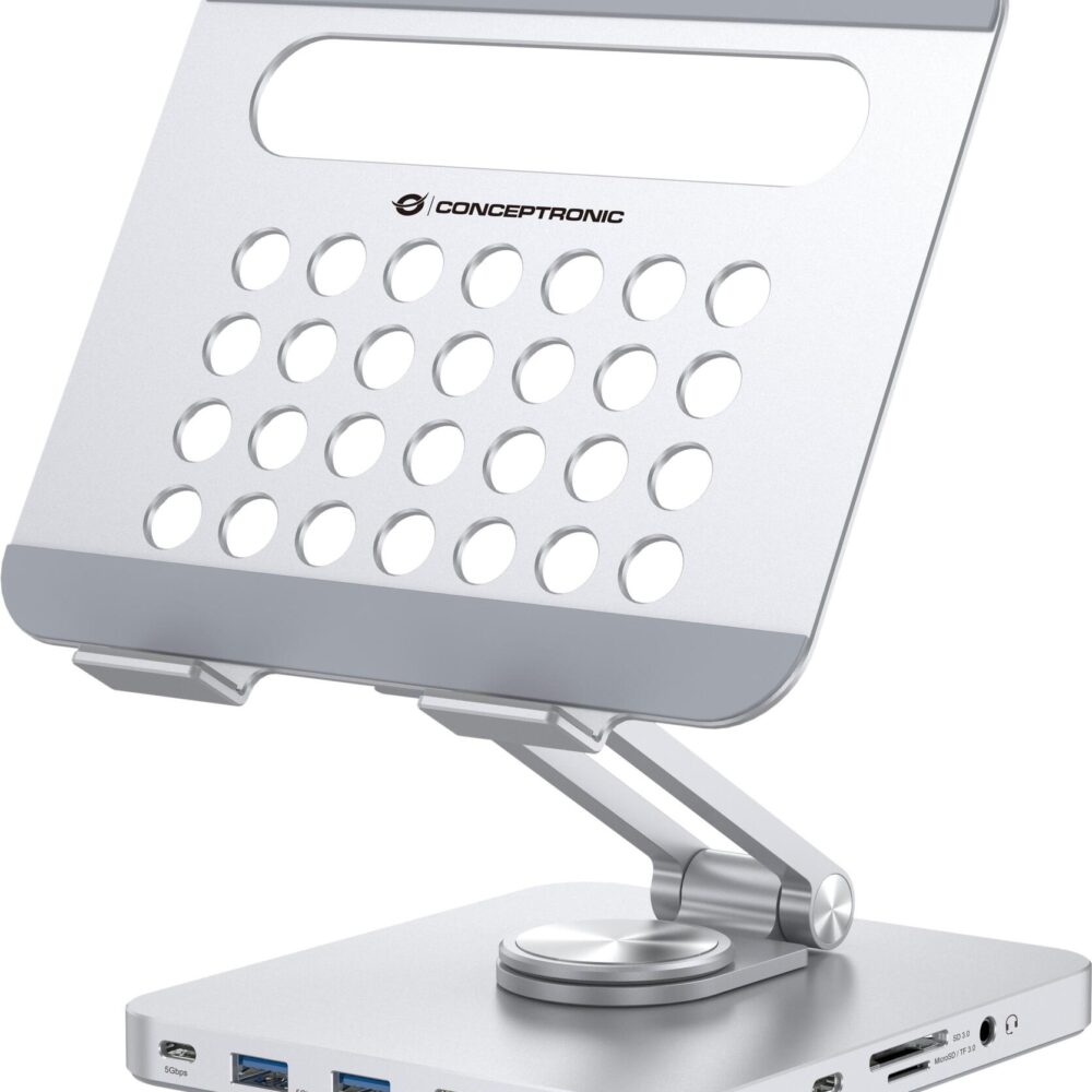 Conceptronic DONN26G Tablet-Ständer mit 8-in-1-Dockingstation - 360° drehbare Basis - faltbar - höhenverstellbar (DONN26G)