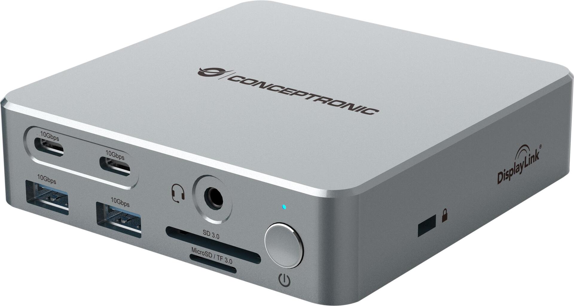 Conceptronic DONN25G 15-in-1 DisplayLink USB 3.2 Gen 2 Dockingstation - 4K60Hz Triple-Display - HDMI x 2 - DisplayPort - USB-C 10 Gbit/s x 2 - USB-A 10 Gbit/s x 2 - USB-A 5 Gbit/s x 2 - SD - TF/MicroSD - GbE - Audio - DC-Eingang - Sicherheitssteckplatz - PD 3,0 (DONN25G)