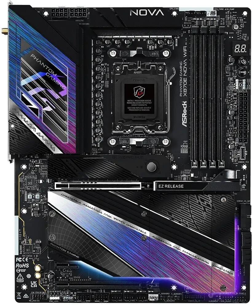 ASRock Phantom Gaming X870E NOVA WiFi - Motherboard - ATX - Socket AM5 - AMD X870E Chipsatz - USB4, USB 3,2 Gen 1, USB 3,2 Gen 2, USB-C 3,2 Gen 2x2 - 5 Gigabit Ethernet, Wi-Fi 7, Bluetooth - Onboard-Grafik (CPU erforderlich) - HD Audio (8-Kanal) (90-MXBPX0-A0UAYZ)