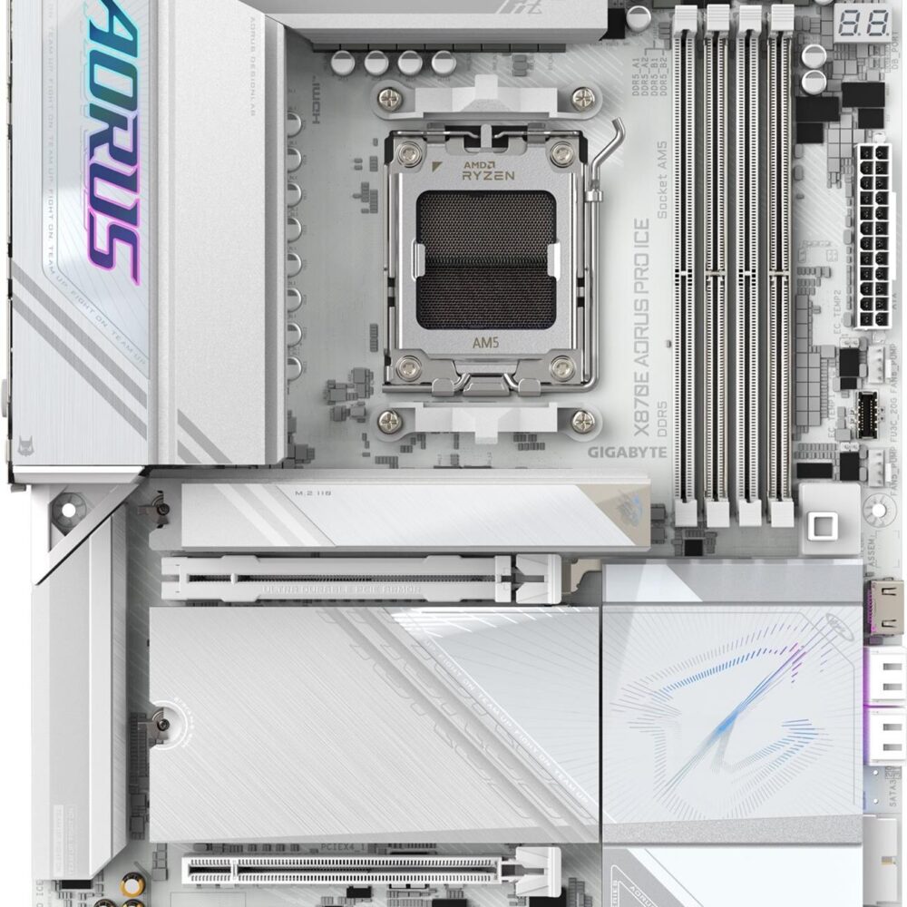 GIGABYTE AORUS X870E PRO ICE - Motherboard - ATX - Socket AM5 - AMD X870E Chipsatz - USB-C 3,2 Gen 2x2, USB4, USB 3,2 Gen 1, USB 3,2 Gen 2 - 2,5 Gigabit LAN, Bluetooth, Wi-Fi 7 - Onboard-Grafik (CPU erforderlich) - HD Audio (8-Kanal) (X870E AORUS PRO ICE)
