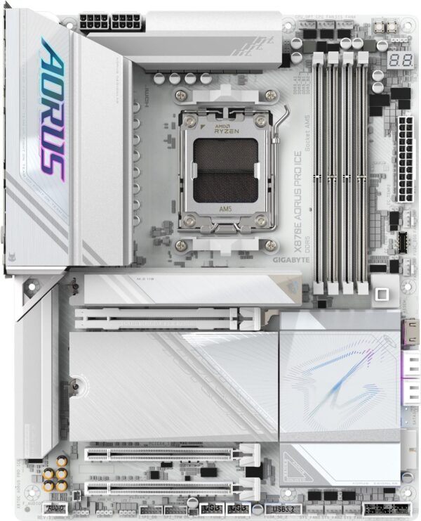 GIGABYTE AORUS X870E PRO ICE - Motherboard - ATX - Socket AM5 - AMD X870E Chipsatz - USB-C 3,2 Gen 2x2, USB4, USB 3,2 Gen 1, USB 3,2 Gen 2 - 2,5 Gigabit LAN, Bluetooth, Wi-Fi 7 - Onboard-Grafik (CPU erforderlich) - HD Audio (8-Kanal) (X870E AORUS PRO ICE)