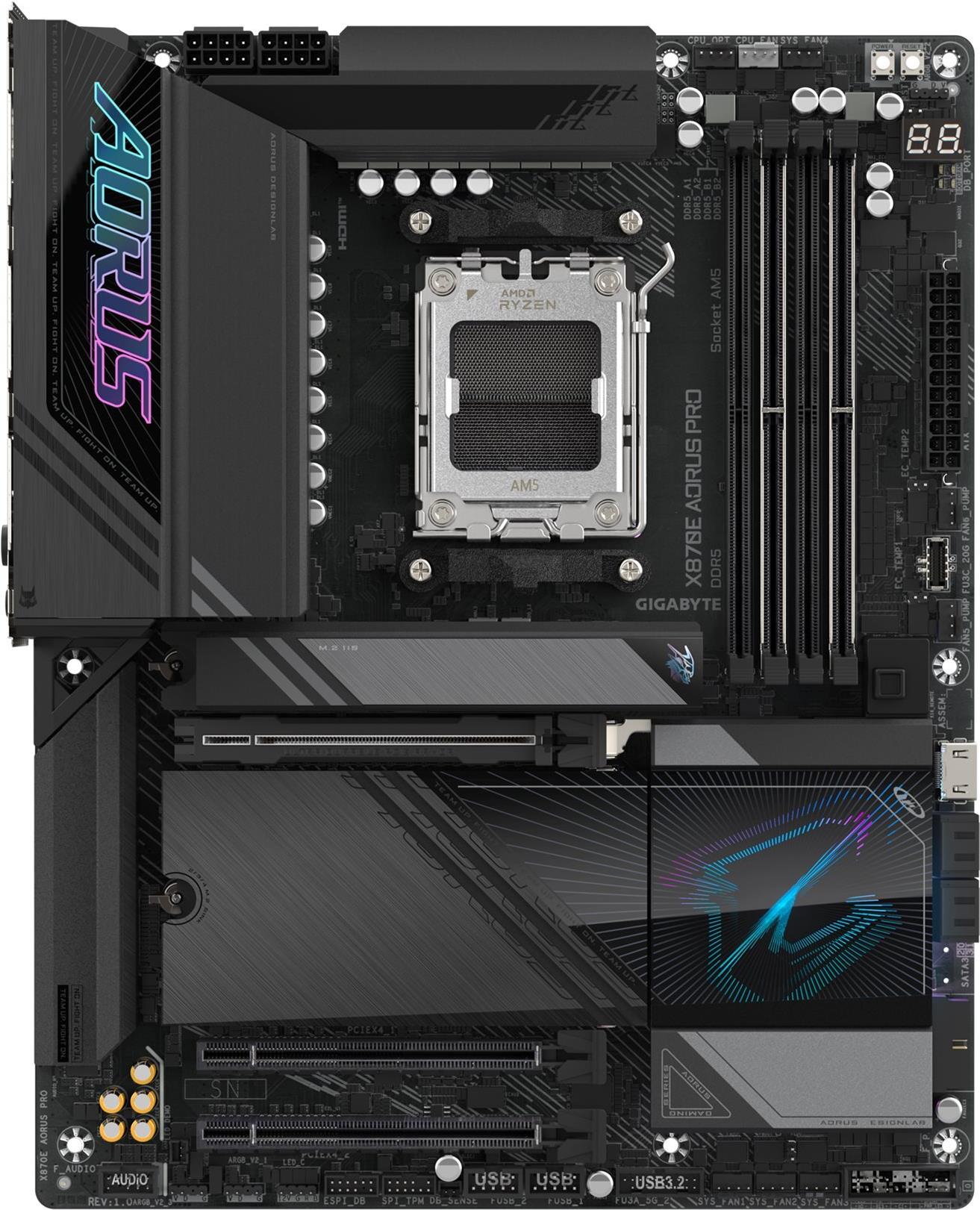 GIGABYTE AORUS X870E PRO - Motherboard - ATX - Socket AM5 - AMD X870E Chipsatz - USB-C 3,2 Gen 2x2, USB4, USB 3,2 Gen 1, USB 3,2 Gen 2 - 2,5 Gigabit LAN, Bluetooth, Wi-Fi 7 - Onboard-Grafik (CPU erforderlich) - HD Audio (8-Kanal) (X870E AORUS PRO)