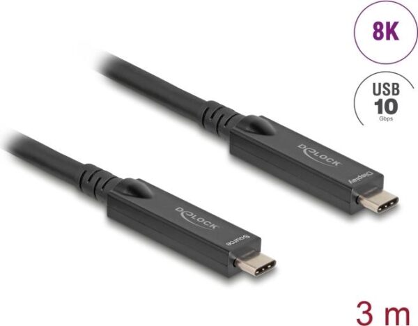 Delock - USB-Kabel - 24 pin USB-C (M) zu 24 pin USB-C (M) - USB 2,0  3 A - 3,0m - Active Optical Cable (AOC), Support von 8K 60 Hz, USB Power Delivery (60W) - Schwarz (84246)