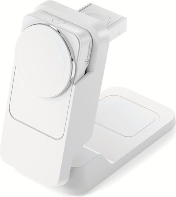 ALOGIC Matrix Ultimate - Kabelloses Ladegerät - 3-in-1, mit Magsafe + AC-Netzteil - 15 Watt - 3 A - Fast Charge, PD - 3 Ausgabeanschlussstellen (magnetisch, 24 pin USB-C) - weiß - Global - mit 5000 mAh kabellose Powerbank (MFPB5KM-G)