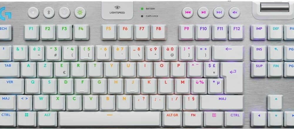 Logitech G G915 X - Tastatur - LIGHTSPEED - TKL - Hintergrundbeleuchtung - kabellos - Bluetooth 5,0, 2,4 GHz, USB - AZERTY - Französisch - Tastenschalter: GL Tactile - weiß (920-012734)