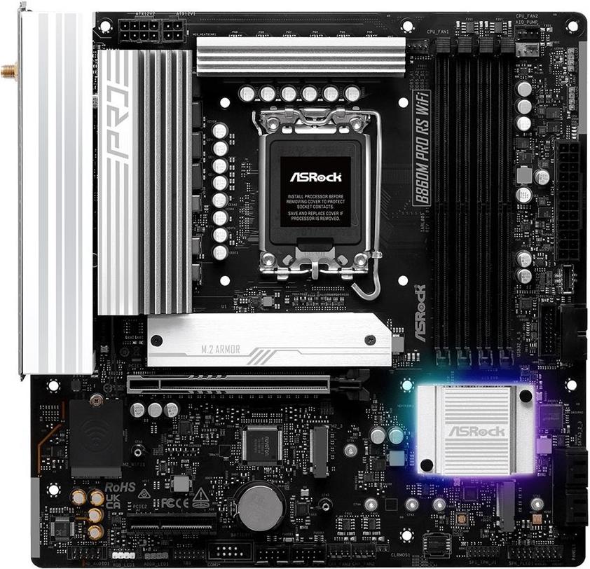 ASRock B860M Pro RS WiFi - Motherboard - micro ATX - LGA1851-Sockel - B860 Chipsatz - USB-C 3.2 Gen 2x2, USB-C 3.2 Gen2, USB 3.2 Gen 2, USB 3.2 Gen 1 - 2.5 Gigabit LAN, Bluetooth, Wi-Fi 6E - Onboard-Grafik (CPU erforderlich) (90-MXBRQ-A0UAYZ)