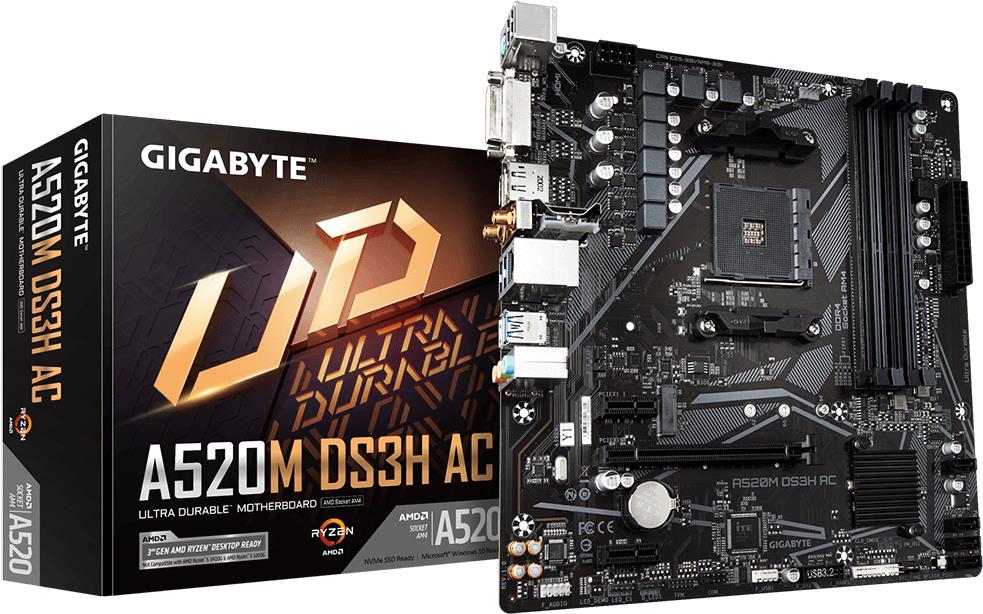 GIGABYTE A520M DS3H AC Mainboard - AMD Ryzen 5000 Serie CPUs - 5+3 Phasen VRM - bis zu 4733 MHz DDR5 (OC) - 1xPCIe 3.0 M.2 - GbE LAN - WIFI 5 - USB 3.2 Gen 1 - AMD - Sockel AM4 - AMD Ryzen 3000 Series - AMD Ryzen Threadripper 3000 Series - AMD Ryzen Threadripper PRO 3000 WX-Series - Sockel AM4 - DDR4-SDRAM - 128 GB (A520M DS3H AC)