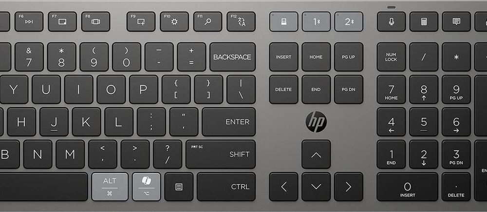HP 720 - Tastatur-und-Maus-Set - Multigerät, wiederaufladbar, betrieben durch SuperCapacitor, programmierbare Tasten - full size - kabellos - 2,4 GHz, Bluetooth - Deutsch - Dämmerungsschwarz (9T5A9AA#ABD)
