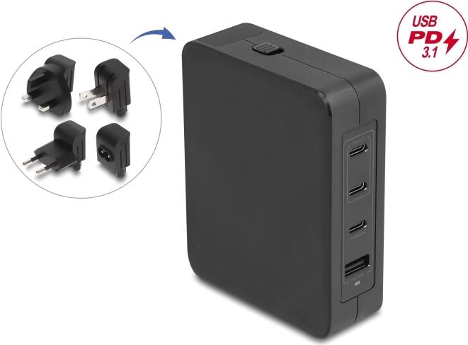 Delock USB GaN Ladegerät 3 x Type-C PD 3.1 und 1 Typ-A mit 145 W inklusive (41473)
