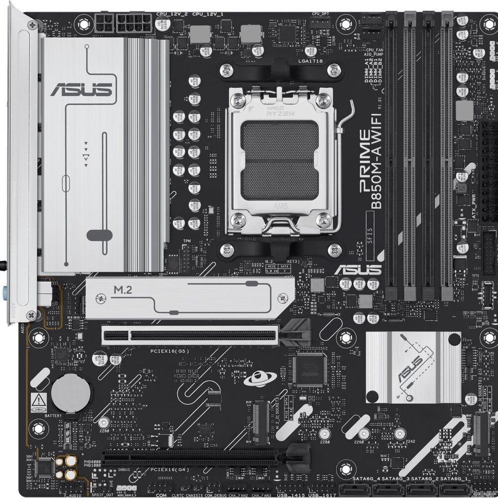 ASUS PRIME B850M-A WIFI - Motherboard - micro ATX - Socket AM5 - AMD B850 Chipsatz - USB 3.2 Gen 2, USB 3.2 Gen 1, USB-C 3.2 Gen 1 - Wi-Fi 6E, Bluetooth, 2.5 Gigabit LAN - Onboard-Grafik (CPU erforderlich) (90MB1LN0-M0EAY0)