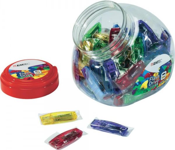 EMTEC C410 Color Mix Candy jar - USB-Flash-Laufwerk - 8 GB - USB 2.0 - Blau, Gelb, lila, Rot, grün (Packung mit 80)