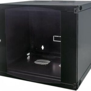 Intellinet Network Cabinet, Wall Mount (Double Section Hinged Swing Out), 12U, Usable Depth 385mm/Width 465mm, Black, Flatpack, Max 30kg, Swings out for access to back of cabinet when installed on wall, 48,30cm (19"), Parts for wall install (eg screws/rawl plugs) not included - Gehäuse - geeignet für Wandmontage - Schwarz, RAL 7021 - 12U - 48,3 cm (19") (713863)