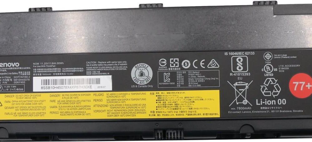 Lenovo ThinkPad Battery 77+ (Simplo) - Laptop-Batterie - Lithium-Ionen - 6 Zellen - 8000 mAh - 90 Wh - FRU (CRU) - Tier 1 - für ThinkPad P50 20EN, 20EQ, P51 20HH, 20HJ, 20MN (00NY493)