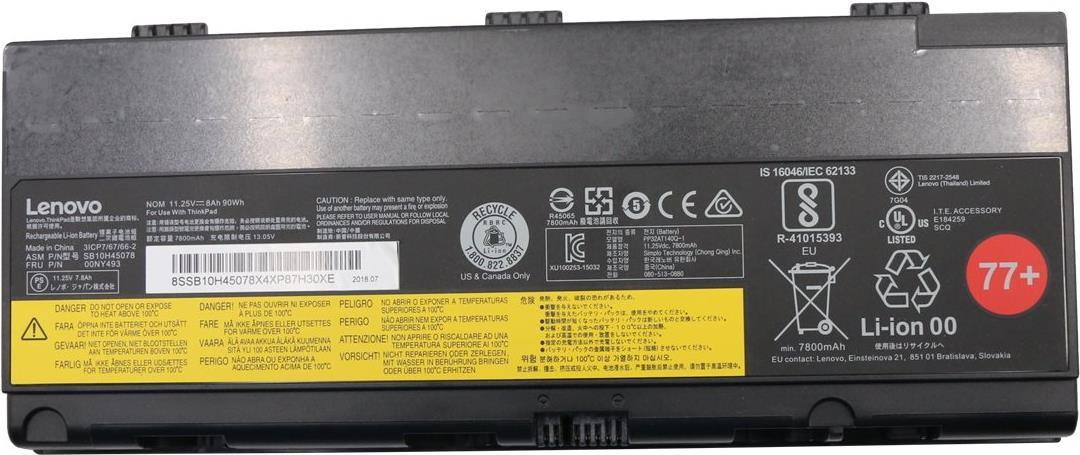Lenovo ThinkPad Battery 77+ (Simplo) - Laptop-Batterie - Lithium-Ionen - 6 Zellen - 8000 mAh - 90 Wh - FRU (CRU) - Tier 1 - für ThinkPad P50 20EN, 20EQ, P51 20HH, 20HJ, 20MN (00NY493)