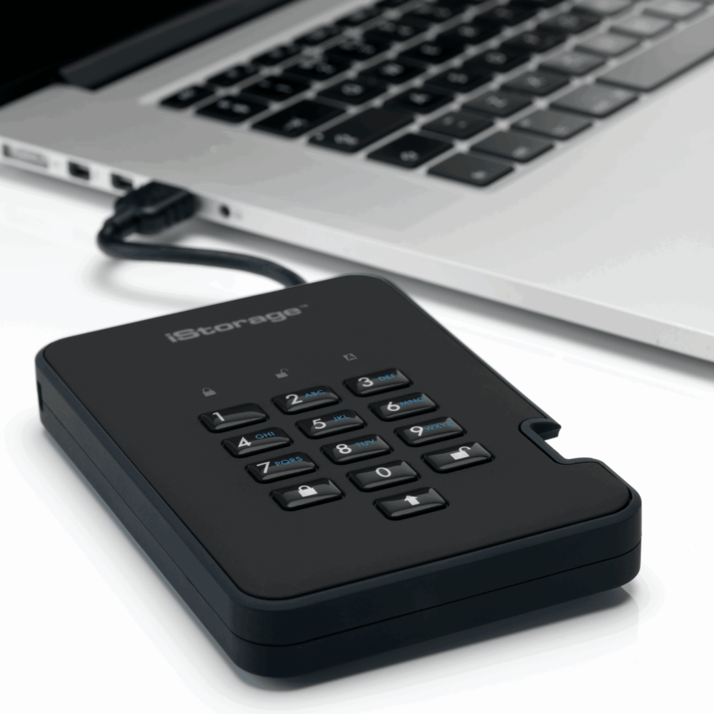 iStorage diskAshur 2 - Festplatte - verschlüsselt - 1TB - extern (tragbar) - USB 3,1 Gen1 - 5400 U/min - Puffer: 8MB - FIPS 197 - 256-Bit-AES - Phantomschwarz (IS-DA2-256-1000-B)