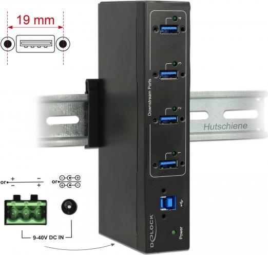 DeLock External Industry Hub 4 x USB 3.0 Type-A with 15 kV ESD protection - Hub - 4 x SuperSpeed USB 3.0 - wandmontierbar - Gleichstrom