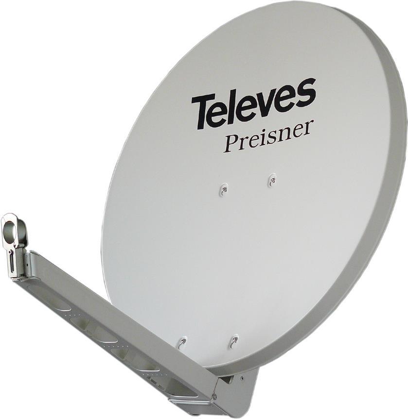 Televes S85QSD-W. Input frequenz-range: 10,7 - 12,75 GHz, Verstärkung dBi (bei Antennenkabel): 39,5 dBi. Durchmesser: 85 cm, Breite: 850 mm, Tiefe: 1,5 mm. Produktfarbe: Grau, Weiß. Material: Aluminium (S85QSD-W)