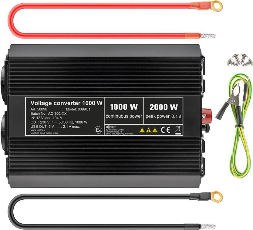 Goobay Spannungswandler 1000 W, Schwarz - wandelt 12 V DC in 230 V AC um (58890)