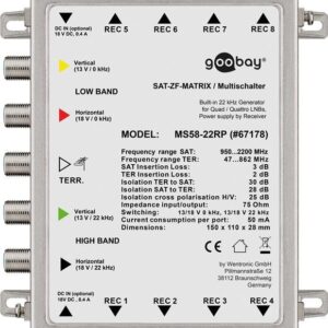 Goobay Passiver SAT Multischalter 5 Eingänge / 8 Ausgänge, Silber - Verteiler für max. 8 Teilnehmer von einem Satelliten (67178)