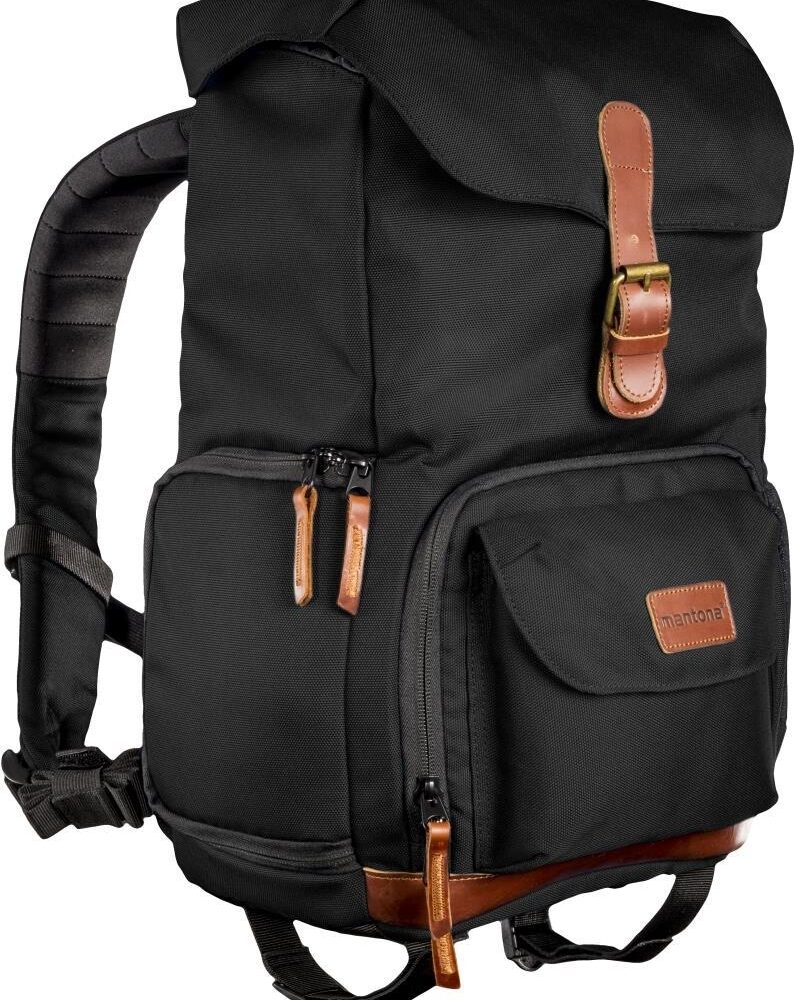Walimex Mantona Luis junior Retro Fotorucksack (mit Echtleder-Applikationen, inkl. Regenschutzhülle, flexible Einteilung und Tablet-Fach für 1x DSLR-Kamera, 1-2 Objektive und diverses Fotozubehör) schwarz (1021502)