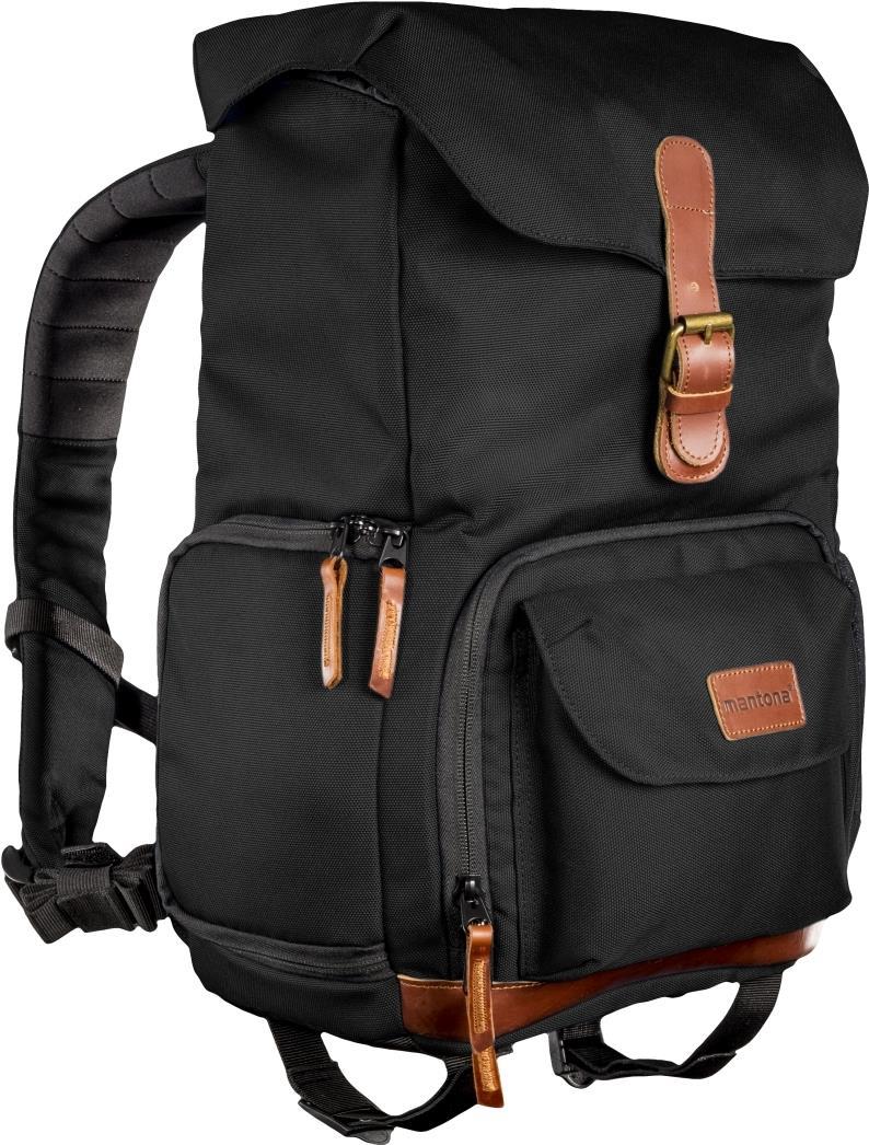 Walimex Mantona Luis junior Retro Fotorucksack (mit Echtleder-Applikationen, inkl. Regenschutzhülle, flexible Einteilung und Tablet-Fach für 1x DSLR-Kamera, 1-2 Objektive und diverses Fotozubehör) schwarz (1021502)