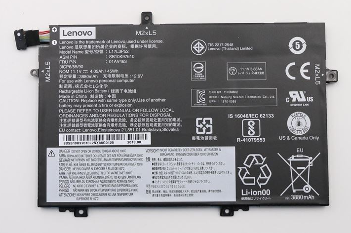 Lenovo Simplo L17M3P54 - Laptop-Batterie - Lithium-Ionen - 3 Zellen - 4120 mAh - 45 Wh - FRU - für ThinkPad L14 Gen 1, L15 Gen 1, L480, L490, L580, L590 (01AV465)