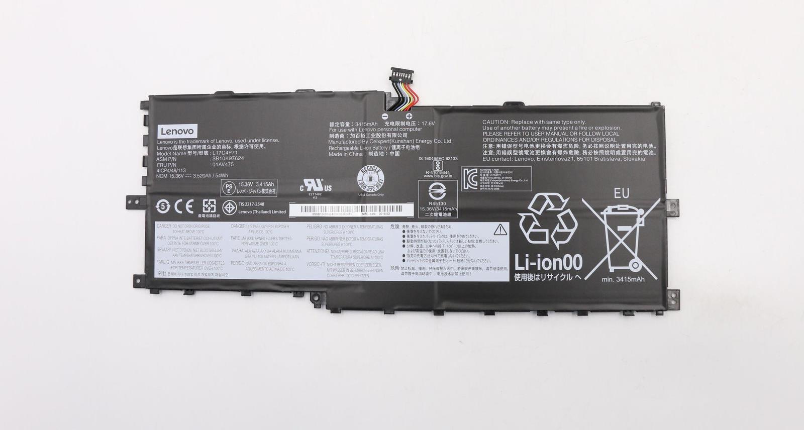 Lenovo - Laptop-Batterie - Lithium-Ionen - 4 Zellen - 3415 mAh - 54 Wh - FRU - für ThinkPad X1 Yoga (3rd Gen) 20LD, 20LE, 20LF, 20LG (01AV475)