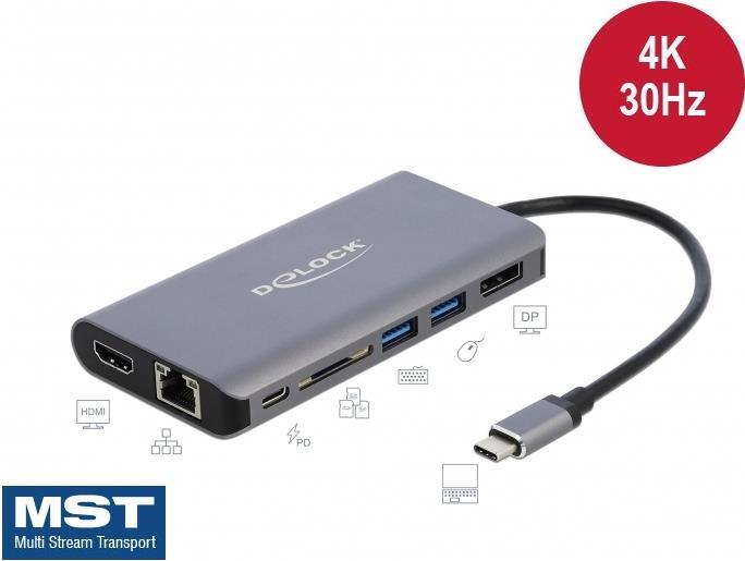 DeLOCK - Externer Videoadapter - USB-C 3,1 Gen 1 - HDMI, DisplayPort, RJ-45, USB3.0 - Grau - retail (87683)