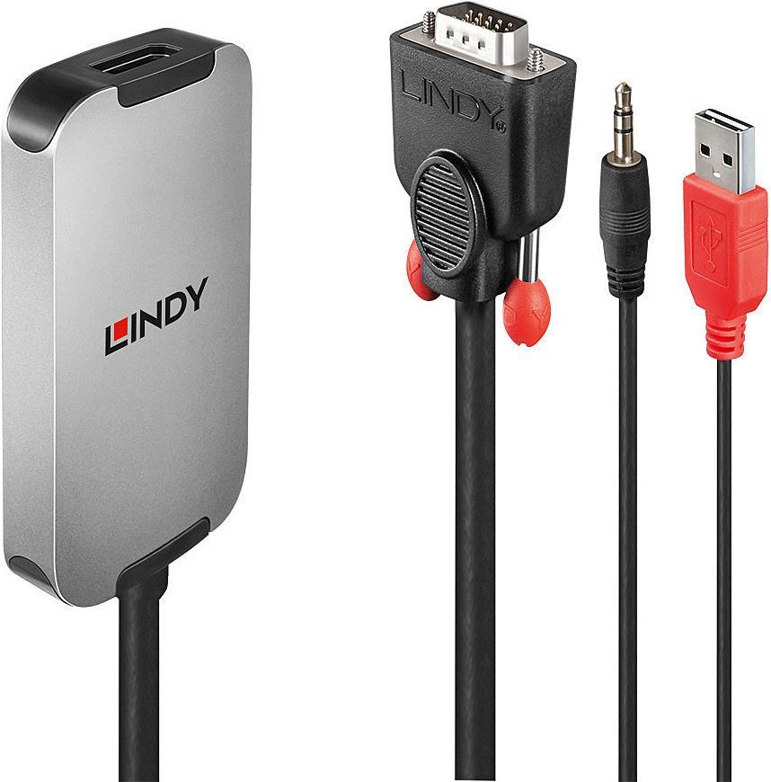 Lindy VGA to DisplayPort 1.2 Converter - DisplayPort-Adapter - HD-15 (VGA), Stereo Mini-Klinkenstecker, 4-poliger Mini-USB Typ A (M) bis DisplayPort (W) - DisplayPort 1.2 - 18 cm - USB-Strom - Schwarz