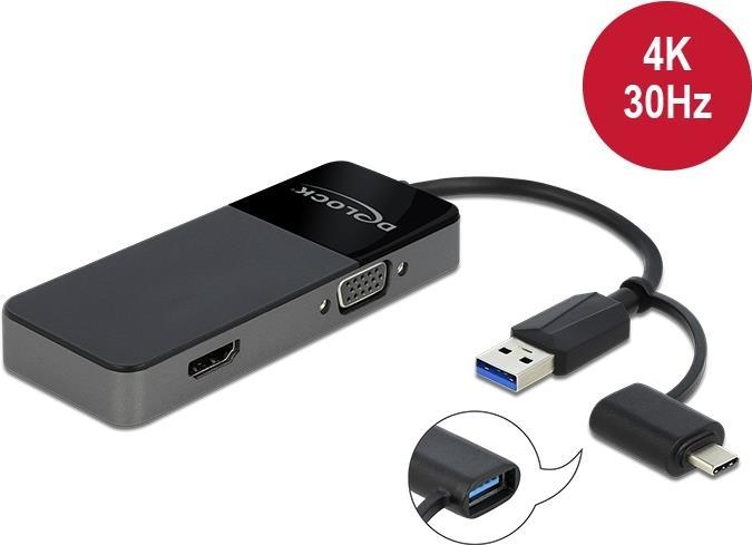 DeLOCK Adapter USB3.0 to 4K HDMI + VGA - Videoschnittstellen-Converter - HDMI / VGA / USB - USB Typ A, USB-C (M) bis HD-15 (VGA), HDMI (W) - 12cm - Schwarz (64085)