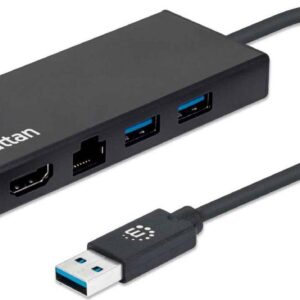 Manhattan USB-A Dock/Hub, Ports (x5): Ethernet, HDMI, USB-A (x2) and VGA, Micro-USB Power Input Port (Optional, only when additional power needed. Not required for dual monitor functionality. Cable not included), Aluminium, Black, Three Year Warranty, Retail Box - Dockingstation - USB-C 3.2 Gen 1 - VGA, HDMI - 1GbE