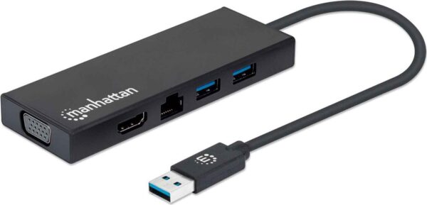 Manhattan USB-A Dock/Hub, Ports (x5): Ethernet, HDMI, USB-A (x2) and VGA, Micro-USB Power Input Port (Optional, only when additional power needed. Not required for dual monitor functionality. Cable not included), Aluminium, Black, Three Year Warranty, Retail Box - Dockingstation - USB-C 3.2 Gen 1 - VGA, HDMI - 1GbE