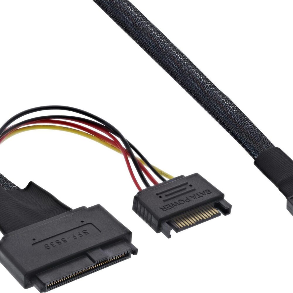 InLine - Internes SAS-Kabel - SAS 24Gbit/s - 4i Slim SAS (S) Verriegelung zu U.2 (SFF-8639), SATA-Stromstecker - 1,0m - Schwarz (27644B)