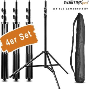 Walimex pro 4x Lampenstativ WT-806 mit Federdämpfung I Höhe max. 256cm I stabiles Lichtstativ belastbar bis 6kg I Beleuchtungsstativ für Ringlicht, Reflektor, Blitz & Video I 3/8" Adapter & 4 Taschen (1020305)