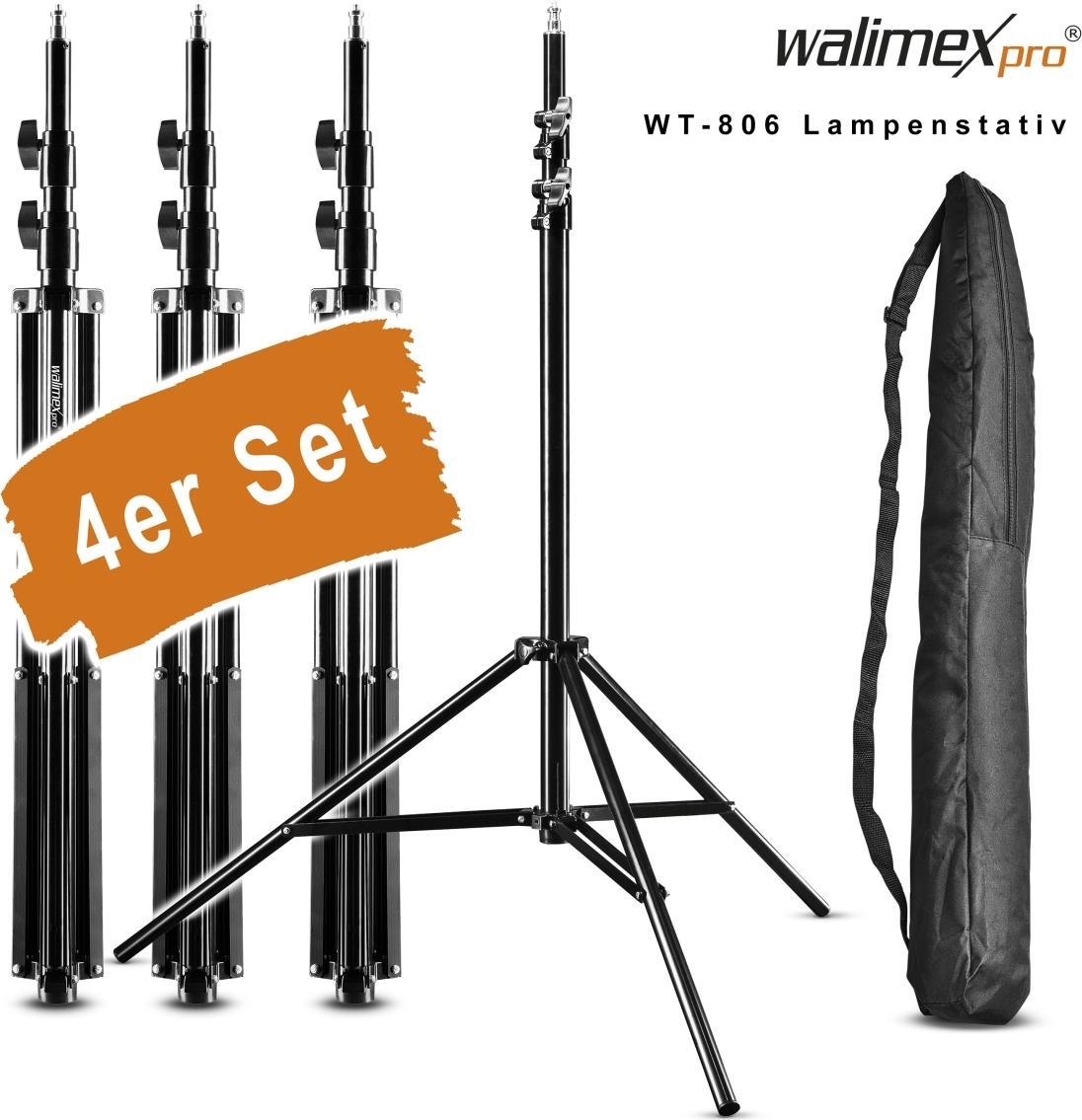 Walimex pro 4x Lampenstativ WT-806 mit Federdämpfung I Höhe max. 256cm I stabiles Lichtstativ belastbar bis 6kg I Beleuchtungsstativ für Ringlicht, Reflektor, Blitz & Video I 3/8" Adapter & 4 Taschen (1020305)