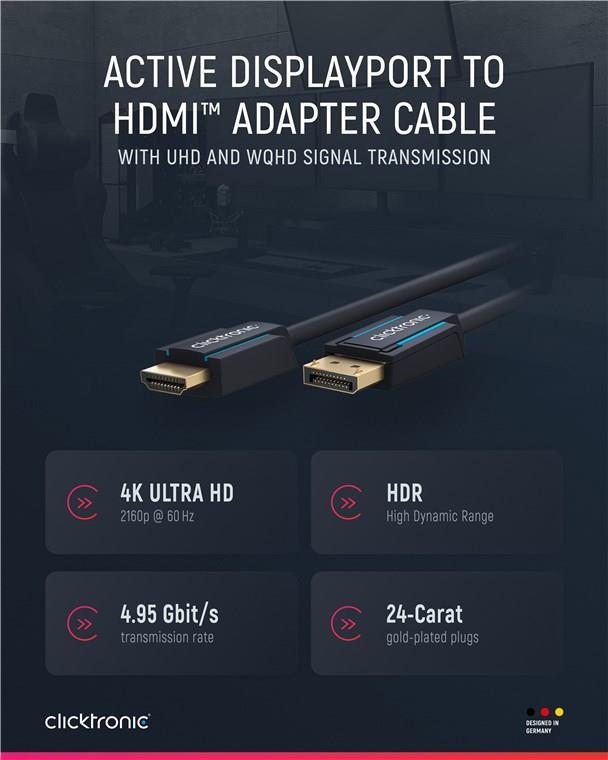 Clicktronic Casual DisplayPort/HDMI™ Adapterkabel, 10 m - Ultra Highspeed Kabel - DisplayPort / HDMI™ - 4K@60Hz (44927)