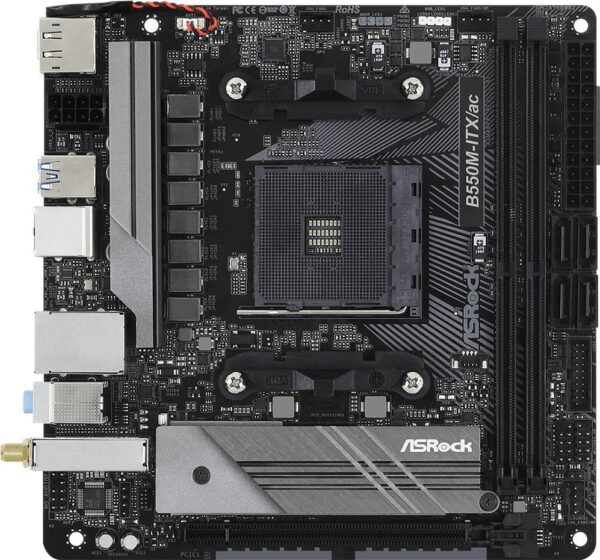 ASRock B550M-ITX/ac - Motherboard - Mini-ITX - Socket AM4 - AMD B550 Chipsatz - USB-C Gen1, USB 3,2 Gen 1 - Bluetooth, Gigabit LAN, Wi-Fi - Onboard-Grafik (CPU erforderlich) - HD Audio (8-Kanal) (90-MXBDH0-A0UAYZ)