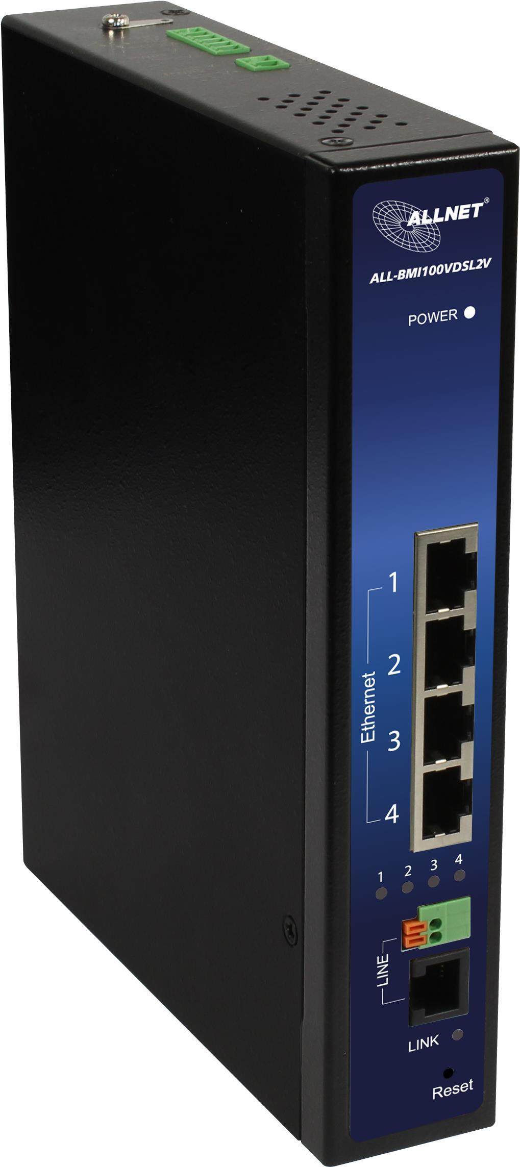 ALLNET 172755. Maximale Datenübertragungsrate: 100 Mbit/s. Schnittstellentyp Ethernet-LAN: Schnelles Ethernet, Ethernet LAN Datentransferraten: 10,100 Mbit/s, Netzstandard: IEEE 802.1Q,IEEE 802.3,IEEE 802.3u. Übertragungstechnik: Verkabelt. Unterstützte Sicherheitsalgorithmen: SNMP,SNMPv2,SNMPv3. Produkttyp: Netzwerkbrücke, Material: Metall, Produktfarbe: Schwarz (ALL-BMI100VDSL2V)