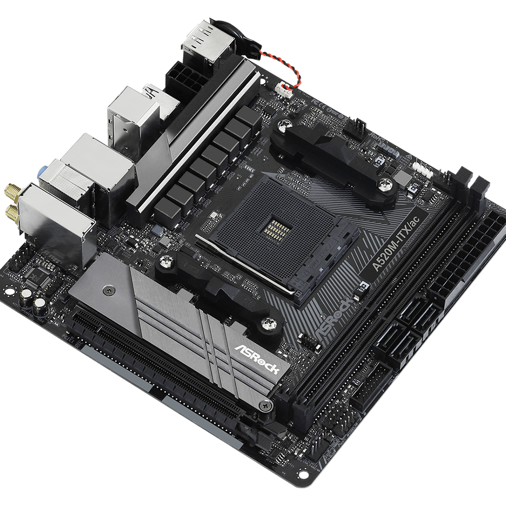 ASRock A520M-ITX/ac - Motherboard - Mini-ITX - Socket AM4 - AMD A520 - USB-C Gen1, USB 3,2 Gen 1 - Gigabit LAN, Wi-Fi, Bluetooth - Onboard-Grafik (CPU erforderlich) - HD Audio (8-Kanal) (90-MXBDG0-A0UAYZ)
